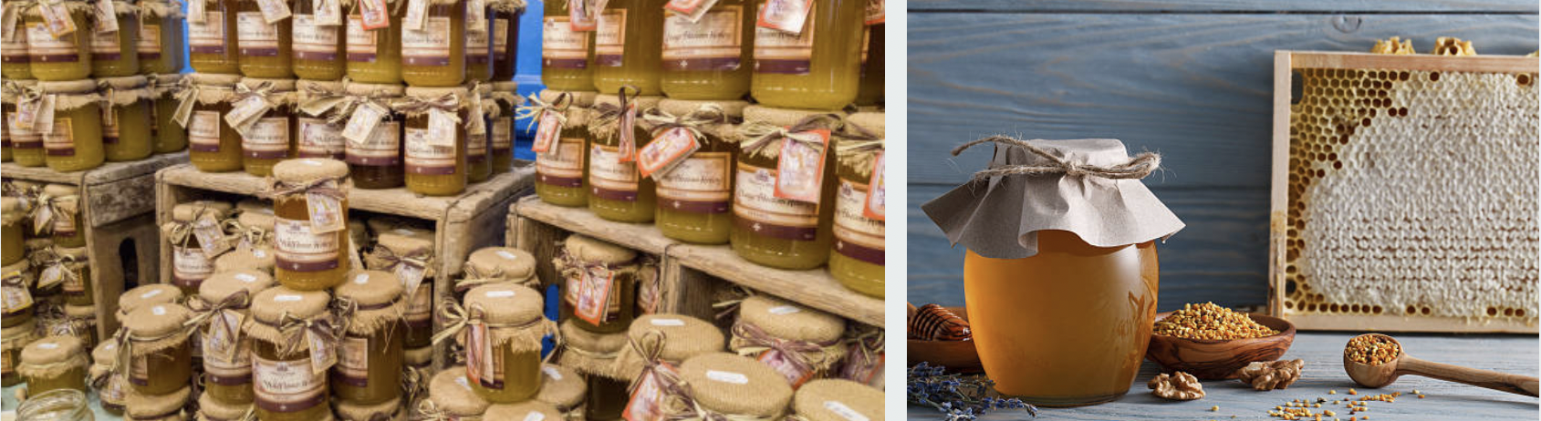 apitherapy shop full of stacked jars of bee products