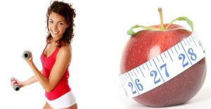girl working out, an apple with a tape measure around it